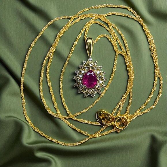 14K Gold -Natural Burmese Ruby Halo Diamond Necklace -20" 2/3 CTTW -Pear Cut -2g - Picture 10 of 16
